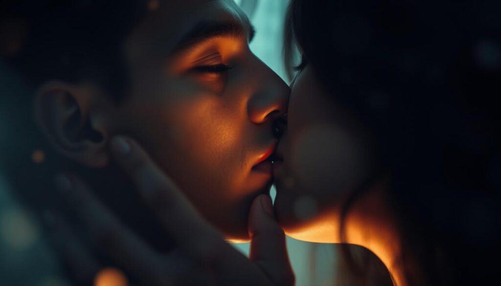 A serene and dreamlike scene, illuminated by soft, diffused lighting. In the foreground, a person's face is seen in close-up, eyes closed and lips gently locked in a tender kiss with another person. The background is blurred and ethereal, suggesting a surreal, subconscious realm. The mood is one of intimacy, connection, and the mystical nature of human relationships. The composition emphasizes the emotional and psychological aspects of the kiss, inviting the viewer to ponder the deeper meanings and symbolism behind this universal gesture. A serene and dreamlike scene, illuminated by soft, diffused lighting. In the foreground, a person's face is seen in close-up, eyes closed and lips gently locked in a tender kiss with another person. The background is blurred and ethereal, suggesting a surreal, subconscious realm. The mood is one of intimacy, connection, and the mystical nature of human relationships. The composition emphasizes the emotional and psychological aspects of the kiss, inviting the viewer to ponder the deeper meanings and symbolism behind this universal gesture.