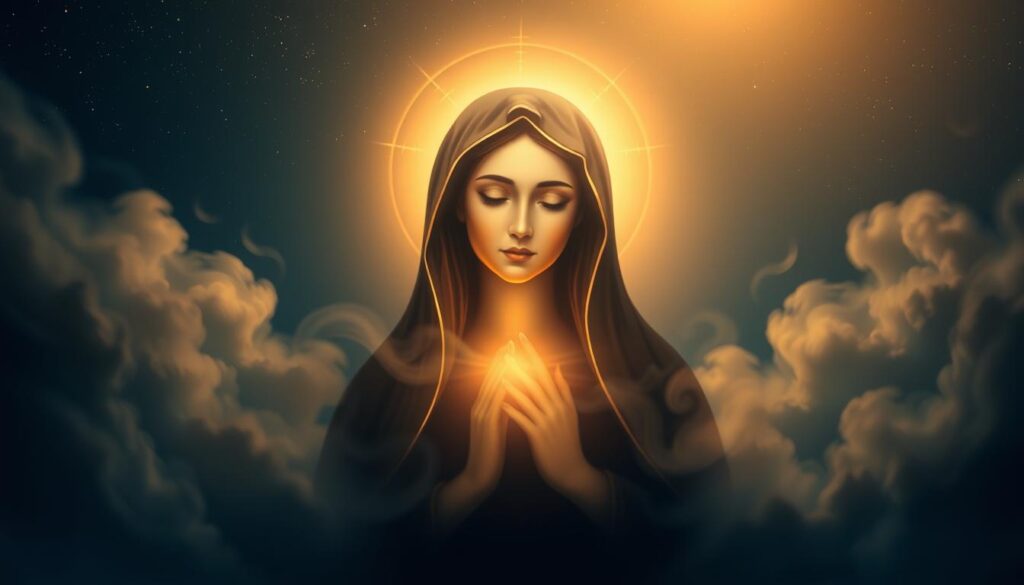 A serene and ethereal depiction of the Black Madonna of Częstochowa, as she is revered in the dreams and visions of the Polish people. In the foreground, the Virgin Mary's iconic image appears, her gaze filled with maternal compassion, a soft, golden light emanating from her form. In the middle ground, wisps of ethereal clouds swirl around her, creating an atmosphere of mysticism and wonder. The background fades into a deep, midnight-blue sky, dotted with twinkling stars that seem to reflect the profound spiritual connection between the Blessed Mother and the Polish faithful. The entire scene conveys a sense of profound reverence, comfort, and the deep, abiding influence of Marian devotion in the daily lives of Poles. A serene and ethereal depiction of the Black Madonna of Częstochowa, as she is revered in the dreams and visions of the Polish people. In the foreground, the Virgin Mary's iconic image appears, her gaze filled with maternal compassion, a soft, golden light emanating from her form. In the middle ground, wisps of ethereal clouds swirl around her, creating an atmosphere of mysticism and wonder. The background fades into a deep, midnight-blue sky, dotted with twinkling stars that seem to reflect the profound spiritual connection between the Blessed Mother and the Polish faithful. The entire scene conveys a sense of profound reverence, comfort, and the deep, abiding influence of Marian devotion in the daily lives of Poles.