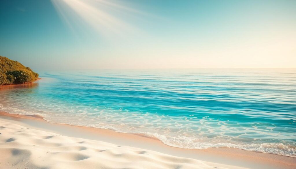 A serene beach scene at dawn, with the calm, crystal-clear waters of the ocean gently lapping at the shore. The sun's rays pierce through the mist, casting a warm, golden glow over the tranquil scene. In the foreground, soft, white sand leads up to a lush, verdant vegetation line, hinting at the peaceful, rejuvenating atmosphere. The middle ground features a vast expanse of azure blue water, reflecting the cloudless sky above. Distant, rolling waves create a soothing, rhythmic ambiance, inviting a sense of inner peace and rejuvenation. The overall composition conveys a profound sense of clarity, tranquility, and harmony, perfectly encapsulating the interpretation of a dream about pure, calming waters. A serene beach scene at dawn, with the calm, crystal-clear waters of the ocean gently lapping at the shore. The sun's rays pierce through the mist, casting a warm, golden glow over the tranquil scene. In the foreground, soft, white sand leads up to a lush, verdant vegetation line, hinting at the peaceful, rejuvenating atmosphere. The middle ground features a vast expanse of azure blue water, reflecting the cloudless sky above. Distant, rolling waves create a soothing, rhythmic ambiance, inviting a sense of inner peace and rejuvenation. The overall composition conveys a profound sense of clarity, tranquility, and harmony, perfectly encapsulating the interpretation of a dream about pure, calming waters.