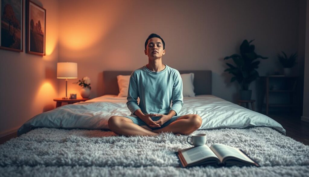 A serene, dimly lit bedroom scene. In the foreground, a person sits cross-legged on a plush rug, eyes closed, hands resting on their lap. Soft, warm lighting from a bedside lamp casts a calming glow, while the background fades into a hazy, tranquil atmosphere. The walls are adorned with soothing earth-toned artwork, and a potted plant adds a touch of natural vitality. An open book and a cup of tea on a wooden side table suggest a tranquil, introspective moment. The overall mood evokes a sense of relaxation, mindfulness, and the shedding of anxious thoughts. A serene, dimly lit bedroom scene. In the foreground, a person sits cross-legged on a plush rug, eyes closed, hands resting on their lap. Soft, warm lighting from a bedside lamp casts a calming glow, while the background fades into a hazy, tranquil atmosphere. The walls are adorned with soothing earth-toned artwork, and a potted plant adds a touch of natural vitality. An open book and a cup of tea on a wooden side table suggest a tranquil, introspective moment. The overall mood evokes a sense of relaxation, mindfulness, and the shedding of anxious thoughts.