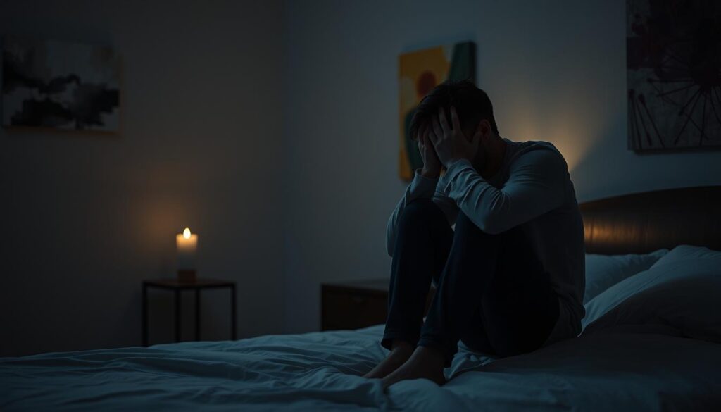 A serene, dimly lit bedroom scene. In the foreground, a person sits on the edge of a bed, their head buried in their hands as they grapple with a troubled expression. The middle ground features a nightstand with a single candle flickering, casting a warm, introspective glow. In the background, the walls are adorned with abstract, dreamlike paintings, hinting at the subconscious realm of the dreamer. The overall atmosphere is one of introspection, melancholy, and the lingering emotional aftermath of a dream about a former partner. Soft, muted tones and a sense of contemplation permeate the scene. A serene, dimly lit bedroom scene. In the foreground, a person sits on the edge of a bed, their head buried in their hands as they grapple with a troubled expression. The middle ground features a nightstand with a single candle flickering, casting a warm, introspective glow. In the background, the walls are adorned with abstract, dreamlike paintings, hinting at the subconscious realm of the dreamer. The overall atmosphere is one of introspection, melancholy, and the lingering emotional aftermath of a dream about a former partner. Soft, muted tones and a sense of contemplation permeate the scene.