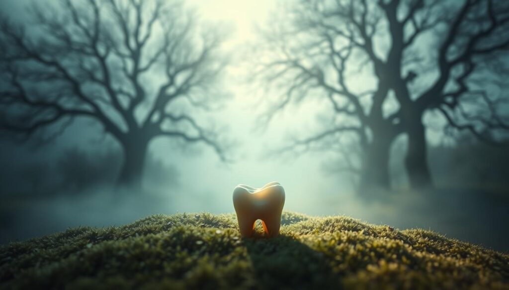 A serene dream landscape unfolds, where a single tooth, delicately chipped, rests upon a soft, moss-covered surface. Ethereal light filters through the misty atmosphere, casting a gentle glow upon the solitary tooth. In the distance, hazy silhouettes of towering trees frame the scene, their branches reaching towards an expansive, clouded sky. The overall mood is one of introspection and contemplation, inviting the viewer to ponder the symbolism and potential significance of the fractured tooth. Subtle hints of shadow and texture add depth and dimension to the image, creating a sense of depth and atmosphere. The composition is balanced and harmonious, guiding the eye towards the central focal point of the chipped tooth.