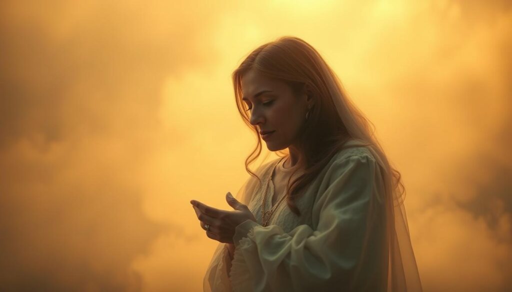 A serene dream scene of a woman gently embracing her deceased mother, their ethereal forms bathed in warm, soft lighting that suffuses the misty, dream-like atmosphere. The woman's expression is one of profound peace and connection, as she converses with her mother's spirit, their hands clasped in a tender moment of reunion and healing. The background is hazy and indistinct, allowing the focus to remain on the intimate, emotionally-charged interaction between the two figures. Subtle, muted tones and a sense of weightlessness evoke the tranquility and spirituality of the dreamscape. A serene dream scene of a woman gently embracing her deceased mother, their ethereal forms bathed in warm, soft lighting that suffuses the misty, dream-like atmosphere. The woman's expression is one of profound peace and connection, as she converses with her mother's spirit, their hands clasped in a tender moment of reunion and healing. The background is hazy and indistinct, allowing the focus to remain on the intimate, emotionally-charged interaction between the two figures. Subtle, muted tones and a sense of weightlessness evoke the tranquility and spirituality of the dreamscape.