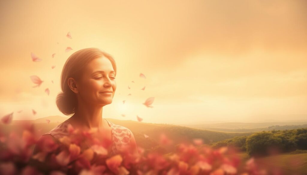 A serene dreamscape, bathed in warm, soft light. In the foreground, a figure representing a loved one, their face radiating a peaceful, comforting expression. Surrounding them, delicate petals in muted tones, symbolizing the gentle transition of life. In the middle ground, a lush, verdant landscape, conveying a sense of growth and renewal. In the background, a tranquil, ethereal sky, hinting at the spiritual realm. The overall atmosphere is one of acceptance, closure, and the continuation of the cycle of life. A dream that offers solace and reassurance in the face of loss. A serene dreamscape, bathed in warm, soft light. In the foreground, a figure representing a loved one, their face radiating a peaceful, comforting expression. Surrounding them, delicate petals in muted tones, symbolizing the gentle transition of life. In the middle ground, a lush, verdant landscape, conveying a sense of growth and renewal. In the background, a tranquil, ethereal sky, hinting at the spiritual realm. The overall atmosphere is one of acceptance, closure, and the continuation of the cycle of life. A dream that offers solace and reassurance in the face of loss.