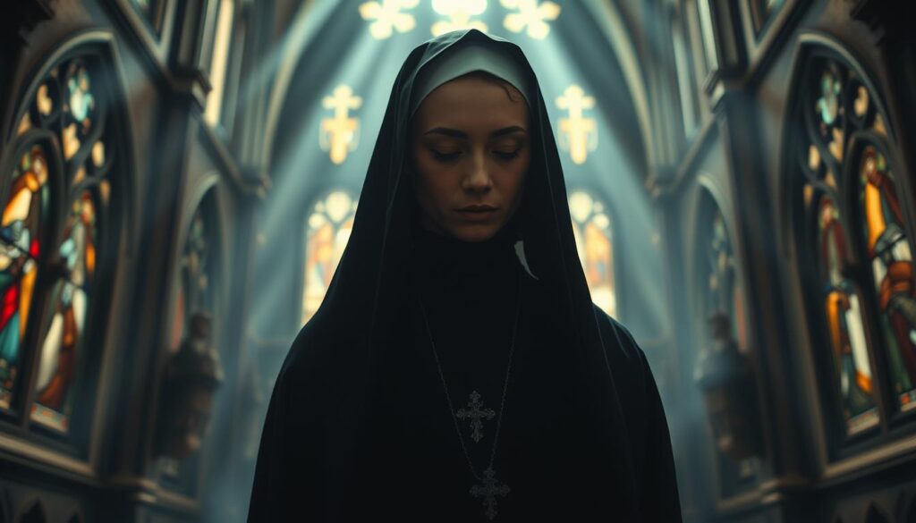 A serene nun, clad in a somber black habit, stands in contemplation within a dimly lit cathedral. Rays of ethereal light filter through stained glass windows, casting a warm, mystical glow upon her face. The air is thick with the scent of incense, and the muted hum of a distant organ echoes through the cavernous space. Her downcast eyes and pensive expression convey a sense of introspection, as if she is delving into the depths of her own subconscious. The scene evokes a mood of quiet spirituality and the exploration of the inner realm of dreams and visions. A serene nun, clad in a somber black habit, stands in contemplation within a dimly lit cathedral. Rays of ethereal light filter through stained glass windows, casting a warm, mystical glow upon her face. The air is thick with the scent of incense, and the muted hum of a distant organ echoes through the cavernous space. Her downcast eyes and pensive expression convey a sense of introspection, as if she is delving into the depths of her own subconscious. The scene evokes a mood of quiet spirituality and the exploration of the inner realm of dreams and visions.