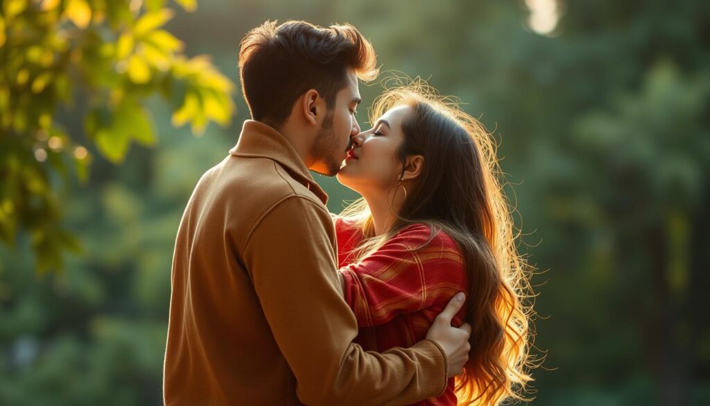 A serene outdoor scene with two friends embracing in a warm, tender kiss, bathed in soft, golden afternoon light. The background features lush greenery, perhaps a park or garden, with a sense of tranquility and change in the air. The couple's body language conveys a deep emotional connection, a longing for intimacy and the comfort of close companionship. Subtle details like the texture of their clothing, the gentle breeze, and the blurred edges create a dreamlike, almost cinematic quality to the image, reflecting the subject's theme of longing and anticipation of a new environment. A serene outdoor scene with two friends embracing in a warm, tender kiss, bathed in soft, golden afternoon light. The background features lush greenery, perhaps a park or garden, with a sense of tranquility and change in the air. The couple's body language conveys a deep emotional connection, a longing for intimacy and the comfort of close companionship. Subtle details like the texture of their clothing, the gentle breeze, and the blurred edges create a dreamlike, almost cinematic quality to the image, reflecting the subject's theme of longing and anticipation of a new environment.