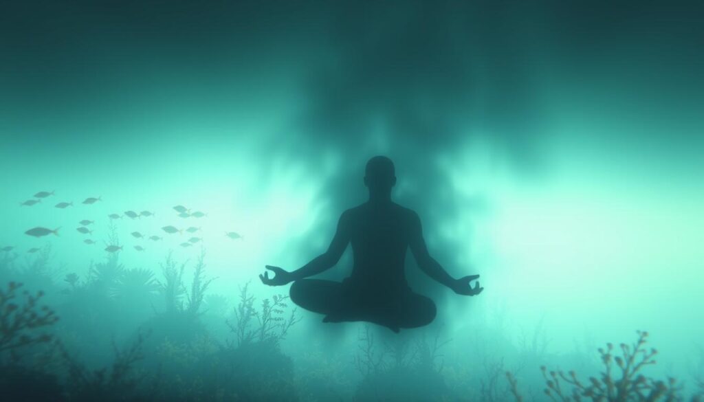 A serene, tranquil dream landscape set underwater. In the foreground, a figure floats in a meditative pose, enveloped in a hazy, ethereal light. The middle ground reveals a lush, underwater garden, where schools of vibrant fish swim gracefully among swaying plants. In the distance, the horizon fades into a soft, blue-green haze, conveying a sense of limitless depth and calm. The lighting is soft and diffused, creating an atmosphere of introspection and spiritual rejuvenation. The camera angle is slightly elevated, allowing the viewer to fully immerse themselves in the dream-like scene. A serene, tranquil dream landscape set underwater. In the foreground, a figure floats in a meditative pose, enveloped in a hazy, ethereal light. The middle ground reveals a lush, underwater garden, where schools of vibrant fish swim gracefully among swaying plants. In the distance, the horizon fades into a soft, blue-green haze, conveying a sense of limitless depth and calm. The lighting is soft and diffused, creating an atmosphere of introspection and spiritual rejuvenation. The camera angle is slightly elevated, allowing the viewer to fully immerse themselves in the dream-like scene.