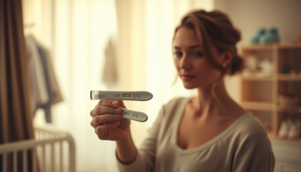 A softly-lit, warm-toned scene depicting a woman's hand holding a positive pregnancy test, with a serene, reflective expression on her face. In the background, subtle symbols of impending life changes, such as a tidy nursery or a pair of baby shoes. The overall mood is one of hopeful anticipation, capturing the transformative moment of discovering a new role and the promise of a new chapter. A softly-lit, warm-toned scene depicting a woman's hand holding a positive pregnancy test, with a serene, reflective expression on her face. In the background, subtle symbols of impending life changes, such as a tidy nursery or a pair of baby shoes. The overall mood is one of hopeful anticipation, capturing the transformative moment of discovering a new role and the promise of a new chapter.