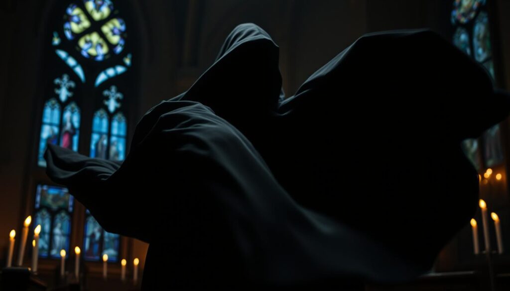 A somber black cassock swirls in the dreamscape, casting deep shadows across a dimly lit church interior. The folds of the fabric seem to move with a life of their own, as if the garment itself holds a mystical presence. Warm candlelight flickers, creating an atmosphere of contemplation and introspection. The priest's face remains obscured, suggesting the profound, inscrutable nature of the spiritual realm. In the background, stained glass windows filter hues of reverent blue and purple, evoking a sense of the sacred and the otherworldly. This haunting image embodies the enigmatic messages that may lie within a dream of a clergyman garbed in the solemn black robe. A somber black cassock swirls in the dreamscape, casting deep shadows across a dimly lit church interior. The folds of the fabric seem to move with a life of their own, as if the garment itself holds a mystical presence. Warm candlelight flickers, creating an atmosphere of contemplation and introspection. The priest's face remains obscured, suggesting the profound, inscrutable nature of the spiritual realm. In the background, stained glass windows filter hues of reverent blue and purple, evoking a sense of the sacred and the otherworldly. This haunting image embodies the enigmatic messages that may lie within a dream of a clergyman garbed in the solemn black robe.