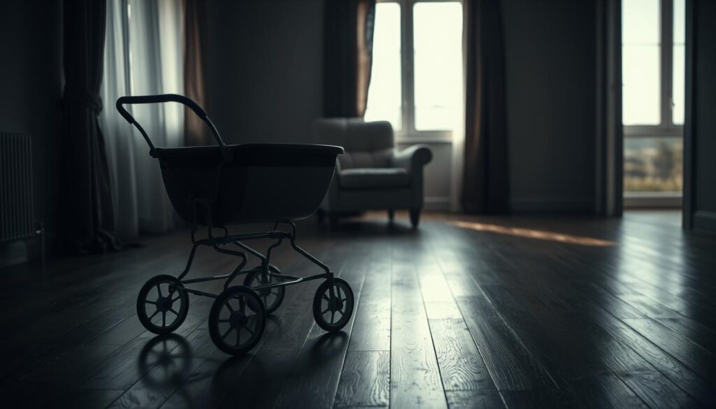 A somber, dimly lit room with a worn, empty baby stroller occupying the foreground. The stroller's wheels are slightly askew, casting long shadows across the hardwood floor. Soft, muted light filters in through curtained windows, creating a pensive atmosphere. In the middle ground, a threadbare armchair sits empty, hinting at the absent owner's melancholic thoughts. The background fades into a blurred, abstract landscape, emphasizing the solitary, introspective nature of the scene. Hints of sadness and unfulfilled dreams permeate the composition, inviting the viewer to consider the emotional impact of this empty stroller and its effect on the subject's well-being. A somber, dimly lit room with a worn, empty baby stroller occupying the foreground. The stroller's wheels are slightly askew, casting long shadows across the hardwood floor. Soft, muted light filters in through curtained windows, creating a pensive atmosphere. In the middle ground, a threadbare armchair sits empty, hinting at the absent owner's melancholic thoughts. The background fades into a blurred, abstract landscape, emphasizing the solitary, introspective nature of the scene. Hints of sadness and unfulfilled dreams permeate the composition, inviting the viewer to consider the emotional impact of this empty stroller and its effect on the subject's well-being.