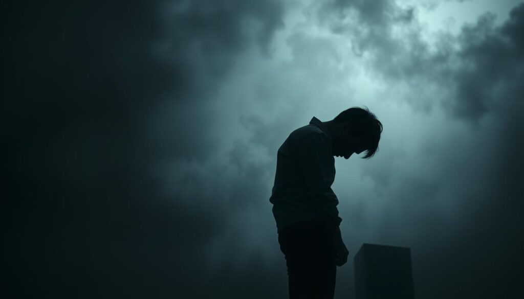 A somber figure stands in the foreground, shoulders slumped and head bowed, representing the heavy burden of losing one's job. The background is a hazy, shadowy realm, conveying the overwhelming sense of uncertainty and fear that accompanies the threat of unemployment. Subtle details, such as crumpled documents or a discarded nameplate, reinforce the narrative of a once-secure career now in jeopardy. The lighting is low and moody, casting dramatic shadows that amplify the subject's emotional turmoil. The entire scene exudes a sense of melancholy and unease, capturing the symbolic representation of the subconscious fears that plague those facing the prospect of being "sen o byciu wyrzuconym z pracy". A somber figure stands in the foreground, shoulders slumped and head bowed, representing the heavy burden of losing one's job. The background is a hazy, shadowy realm, conveying the overwhelming sense of uncertainty and fear that accompanies the threat of unemployment. Subtle details, such as crumpled documents or a discarded nameplate, reinforce the narrative of a once-secure career now in jeopardy. The lighting is low and moody, casting dramatic shadows that amplify the subject's emotional turmoil. The entire scene exudes a sense of melancholy and unease, capturing the symbolic representation of the subconscious fears that plague those facing the prospect of being "sen o byciu wyrzuconym z pracy".