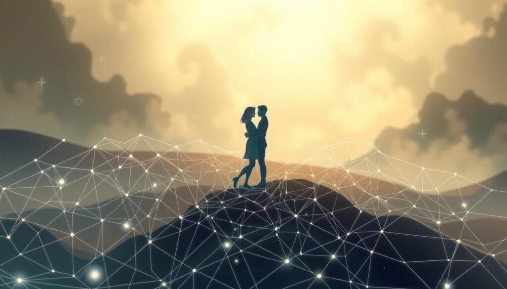 A surreal and dreamlike illustration depicting the symbolic connections between human relationships. The foreground features an intricate web of ethereal lines and shapes, representing the intricate web of interpersonal bonds. Within this web, a pair of figures interact, their bodies and limbs intertwined, symbolizing the intimacy and interdependence of human connections. The middle ground features a serene, abstract landscape, with soft, hazy tones and hints of natural elements like clouds or mist, conveying a sense of the subconscious and the realm of dreams. The background is shrouded in a veil of mystery, with subtle, indistinct shapes and forms, suggesting the unknowable and the transcendent aspects of human relationships. Soft, diffused lighting bathes the entire scene, creating a sense of tranquility and introspection. The overall atmosphere is one of introspection, contemplation, and the exploration of the deeper, more intuitive aspects of human interactions. A surreal and dreamlike illustration depicting the symbolic connections between human relationships. The foreground features an intricate web of ethereal lines and shapes, representing the intricate web of interpersonal bonds. Within this web, a pair of figures interact, their bodies and limbs intertwined, symbolizing the intimacy and interdependence of human connections. The middle ground features a serene, abstract landscape, with soft, hazy tones and hints of natural elements like clouds or mist, conveying a sense of the subconscious and the realm of dreams. The background is shrouded in a veil of mystery, with subtle, indistinct shapes and forms, suggesting the unknowable and the transcendent aspects of human relationships. Soft, diffused lighting bathes the entire scene, creating a sense of tranquility and introspection. The overall atmosphere is one of introspection, contemplation, and the exploration of the deeper, more intuitive aspects of human interactions.