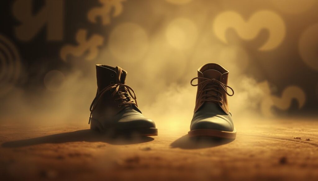 A surreal, dreamlike scene depicting a pair of mismatched shoes, representing the cultural differences in the interpretation of dreams. The shoes, one odd and the other ordinary, stand in a hazy, atmospheric environment, bathed in a warm, ethereal light. The background is a blend of muted, earthy tones, with subtle hints of cultural symbols or patterns, hinting at the diversity of perspectives. The composition is balanced, with the shoes taking center stage, surrounded by a sense of mystery and introspection. The overall mood is one of contemplation, inviting the viewer to explore the hidden meanings and symbolism behind the seemingly simple image. A surreal, dreamlike scene depicting a pair of mismatched shoes, representing the cultural differences in the interpretation of dreams. The shoes, one odd and the other ordinary, stand in a hazy, atmospheric environment, bathed in a warm, ethereal light. The background is a blend of muted, earthy tones, with subtle hints of cultural symbols or patterns, hinting at the diversity of perspectives. The composition is balanced, with the shoes taking center stage, surrounded by a sense of mystery and introspection. The overall mood is one of contemplation, inviting the viewer to explore the hidden meanings and symbolism behind the seemingly simple image.