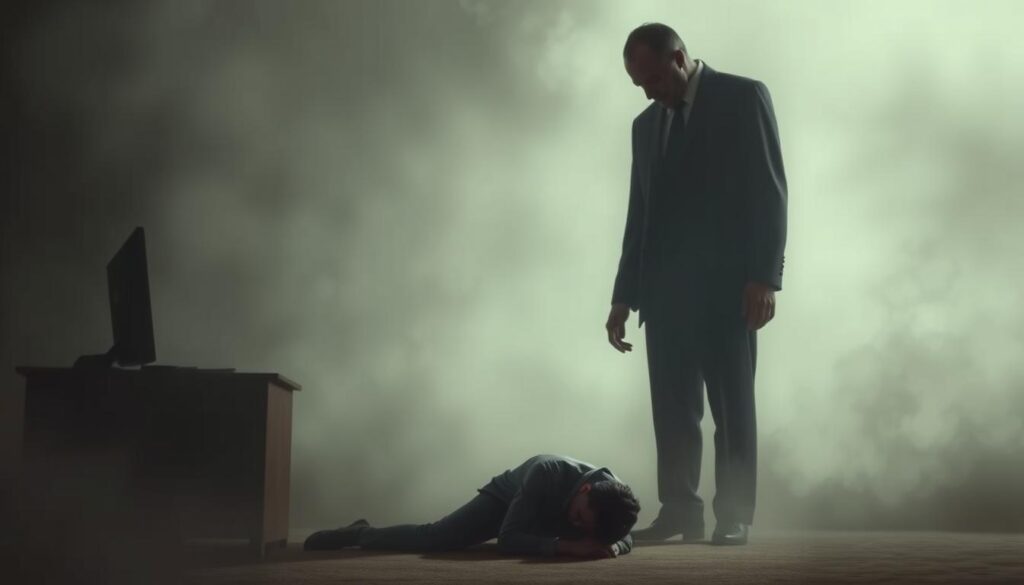 A surreal, dreamlike scene of a disembodied, shadowy figure of a boss looming over a distressed employee, conveying the anxiety and unease of the prospect of losing one's job. The boss appears as a looming, ominous presence, towering above the cowering employee, casting an eerie, oppressive atmosphere. The background is hazy and indistinct, blurring the line between reality and the subconscious. Soft, muted lighting casts a somber, melancholic tone, while the composition emphasizes the power imbalance and the employee's sense of vulnerability. The overall mood is one of unease, uncertainty, and the psychological weight of professional insecurity. A surreal, dreamlike scene of a disembodied, shadowy figure of a boss looming over a distressed employee, conveying the anxiety and unease of the prospect of losing one's job. The boss appears as a looming, ominous presence, towering above the cowering employee, casting an eerie, oppressive atmosphere. The background is hazy and indistinct, blurring the line between reality and the subconscious. Soft, muted lighting casts a somber, melancholic tone, while the composition emphasizes the power imbalance and the employee's sense of vulnerability. The overall mood is one of unease, uncertainty, and the psychological weight of professional insecurity.