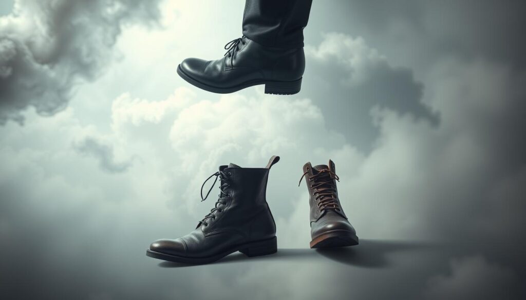 A surreal dreamscape of mismatched boots, floating in a hazy, ethereal space. The foreground features a pair of clashing footwear, one sleek and modern, the other weathered and worn, reflecting the clash of emotions and dissonance of the dreamer's subconscious. The middle ground is shrouded in a soft, diffuse light, creating an atmosphere of uncertainty and unease. In the background, amorphous shapes and shadows dance, hinting at the turbulent, subconscious forces that shape the dreamer's experience. The overall composition conveys a sense of psychological imbalance and the profound impact of emotions on the interpretation of dreams. A surreal dreamscape of mismatched boots, floating in a hazy, ethereal space. The foreground features a pair of clashing footwear, one sleek and modern, the other weathered and worn, reflecting the clash of emotions and dissonance of the dreamer's subconscious. The middle ground is shrouded in a soft, diffuse light, creating an atmosphere of uncertainty and unease. In the background, amorphous shapes and shadows dance, hinting at the turbulent, subconscious forces that shape the dreamer's experience. The overall composition conveys a sense of psychological imbalance and the profound impact of emotions on the interpretation of dreams.