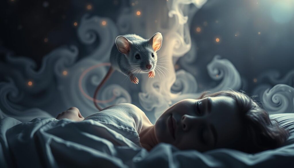 A surreal dreamscape, soft and ethereal, where a symbolic mouse hovers above a sleeping figure. Delicate mist swirls, casting an otherworldly glow. The mouse's eyes shine with a knowing glint, its whiskers twitching as if imparting a secret message. In the background, a tapestry of stars and cosmic patterns, hinting at the subconscious realm. The lighting is subtle, casting deep shadows and highlighting the ethereal nature of the scene. The perspective is slightly tilted, adding a sense of unease and the feeling of being observed. This image evokes the mysterious significance of mice in dreams, hinting at hidden truths and the need to be vigilant of unseen forces. A surreal dreamscape, soft and ethereal, where a symbolic mouse hovers above a sleeping figure. Delicate mist swirls, casting an otherworldly glow. The mouse's eyes shine with a knowing glint, its whiskers twitching as if imparting a secret message. In the background, a tapestry of stars and cosmic patterns, hinting at the subconscious realm. The lighting is subtle, casting deep shadows and highlighting the ethereal nature of the scene. The perspective is slightly tilted, adding a sense of unease and the feeling of being observed. This image evokes the mysterious significance of mice in dreams, hinting at hidden truths and the need to be vigilant of unseen forces.