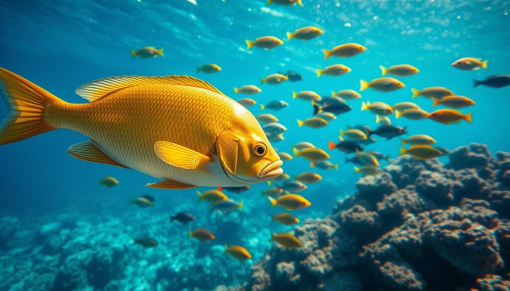 A vibrant underwater scene with a school of colorful fish swimming in a serene, sunlit ocean. In the foreground, a majestic golden fish, its scales shimmering, appears to be leading the group. The middle ground features a variety of tropical fish in hues of blue, yellow, and red, gracefully darting through the crystal-clear waters. In the background, a coral reef teeming with marine life creates a lush, tranquil backdrop. The lighting is soft and diffused, casting a warm, natural glow over the entire composition. The camera angle is slightly elevated, giving the viewer a sense of being immersed in the oceanic environment. Overall, the image conveys a sense of harmony, abundance, and the mystical power of the aquatic realm. A vibrant underwater scene with a school of colorful fish swimming in a serene, sunlit ocean. In the foreground, a majestic golden fish, its scales shimmering, appears to be leading the group. The middle ground features a variety of tropical fish in hues of blue, yellow, and red, gracefully darting through the crystal-clear waters. In the background, a coral reef teeming with marine life creates a lush, tranquil backdrop. The lighting is soft and diffused, casting a warm, natural glow over the entire composition. The camera angle is slightly elevated, giving the viewer a sense of being immersed in the oceanic environment. Overall, the image conveys a sense of harmony, abundance, and the mystical power of the aquatic realm.