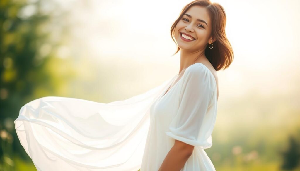 A woman standing gracefully in a flowing white dress, her expression serene and joyful. The dress cascades around her in soft, delicate folds, capturing the light and creating a halo-like effect. The background is blurred, with hints of a lush, verdant garden or meadow, suggesting a tranquil and peaceful setting. The lighting is soft and diffuse, casting a warm, ethereal glow on the woman's face and figure. The overall scene conveys a sense of inner peace, contentment, and a profound sense of happiness. A woman standing gracefully in a flowing white dress, her expression serene and joyful. The dress cascades around her in soft, delicate folds, capturing the light and creating a halo-like effect. The background is blurred, with hints of a lush, verdant garden or meadow, suggesting a tranquil and peaceful setting. The lighting is soft and diffuse, casting a warm, ethereal glow on the woman's face and figure. The overall scene conveys a sense of inner peace, contentment, and a profound sense of happiness.