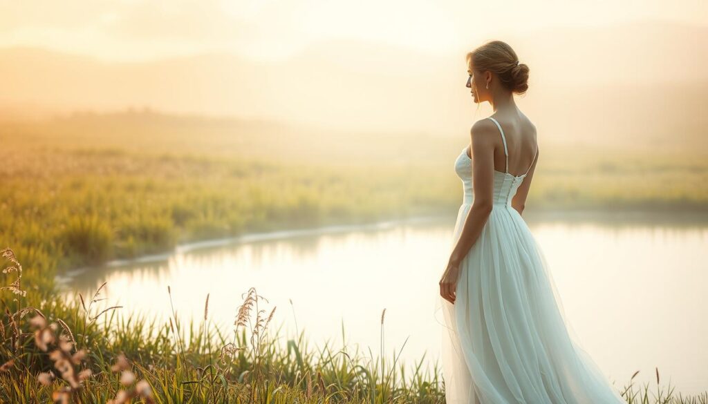 A woman standing in a lush, dreamlike meadow, gazing at her reflection in a crystal-clear pond. She is wearing a flowing, ethereal white wedding gown, the fabric gently billowing around her. Soft, warm lighting bathes the scene, creating a sense of tranquility and inner contemplation. The background is hazy and indistinct, allowing the viewer to focus on the woman and her pensive expression. The overall mood is one of introspection, as the woman appears to be considering the deeper meaning or significance of seeing herself in a wedding dress. The image conveys a sense of self-discovery and the exploration of one's subconscious thoughts and emotions.