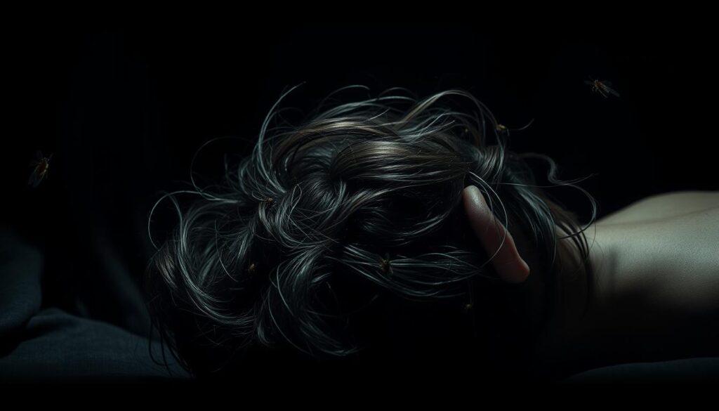 An eerie, dimly lit scene depicting a person's head with a sinister, shadowy figure looming over them, casting an ominous presence. The figure's features are obscured, hinting at an unseen malevolence. The person's hair is disheveled, with tiny, crawling insects emerging from the strands, symbolizing the intrusion of unwanted forces. The lighting is moody and dramatic, creating a sense of unease and foreboding. The background is shrouded in darkness, further emphasizing the unsettling atmosphere. The composition draws the viewer's attention to the vulnerable, sleeping individual, suggesting the idea of someone wishing them harm. An eerie, dimly lit scene depicting a person's head with a sinister, shadowy figure looming over them, casting an ominous presence. The figure's features are obscured, hinting at an unseen malevolence. The person's hair is disheveled, with tiny, crawling insects emerging from the strands, symbolizing the intrusion of unwanted forces. The lighting is moody and dramatic, creating a sense of unease and foreboding. The background is shrouded in darkness, further emphasizing the unsettling atmosphere. The composition draws the viewer's attention to the vulnerable, sleeping individual, suggesting the idea of someone wishing them harm.