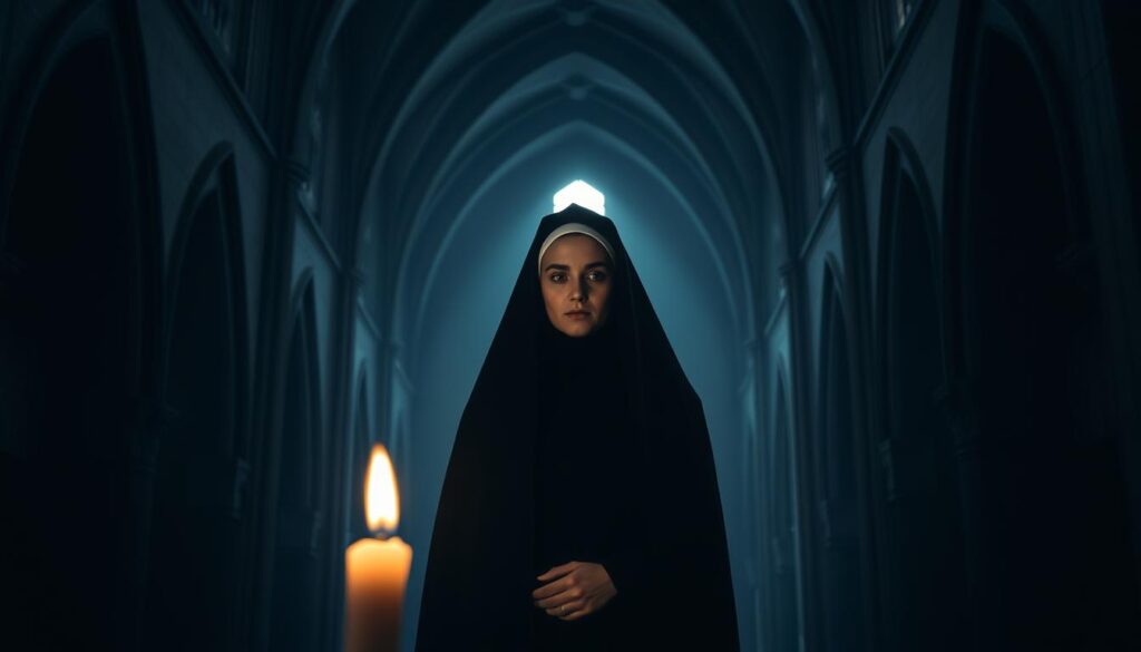 An enigmatic nun in a black habit stands solemnly in a dimly lit cathedral interior, the filtered light casting an ethereal glow on her serene, contemplative face. The vaulted ceilings and shadowy alcoves suggest an atmosphere of mystery and spiritual introspection. In the foreground, a single flickering candle illuminates the scene, its warm light contrasting with the cool, shadowy tones that envelop the space. This solemn, atmospheric image captures the essence of a dream about a nun in black, hinting at the deeper symbolic meanings that may lie within. An enigmatic nun in a black habit stands solemnly in a dimly lit cathedral interior, the filtered light casting an ethereal glow on her serene, contemplative face. The vaulted ceilings and shadowy alcoves suggest an atmosphere of mystery and spiritual introspection. In the foreground, a single flickering candle illuminates the scene, its warm light contrasting with the cool, shadowy tones that envelop the space. This solemn, atmospheric image captures the essence of a dream about a nun in black, hinting at the deeper symbolic meanings that may lie within.