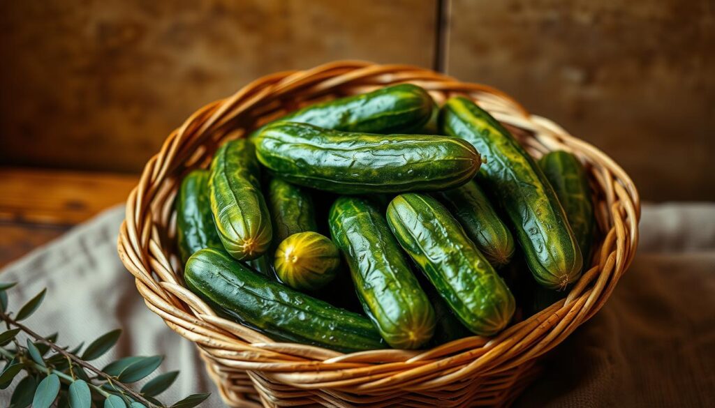 Intricate still life depicting a collection of pickled cucumbers in a traditional Polish wicker basket, set against a warm, earthy backdrop. The cucumbers are arranged with care, showcasing their vibrant green hues and glistening brine. Soft, diffused lighting casts gentle shadows, highlighting the textural details of the woven basket and the organic forms of the pickles. The overall atmosphere evokes a sense of cultural heritage, domestic tranquility, and the symbolic significance of this humble vegetable within folk beliefs and traditions. Intricate still life depicting a collection of pickled cucumbers in a traditional Polish wicker basket, set against a warm, earthy backdrop. The cucumbers are arranged with care, showcasing their vibrant green hues and glistening brine. Soft, diffused lighting casts gentle shadows, highlighting the textural details of the woven basket and the organic forms of the pickles. The overall atmosphere evokes a sense of cultural heritage, domestic tranquility, and the symbolic significance of this humble vegetable within folk beliefs and traditions.