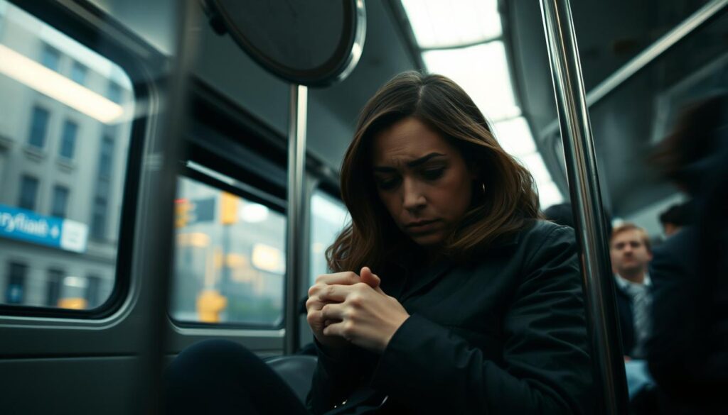 Prompt A woman sitting anxiously in a crowded bus, avoiding eye contact with the approaching ticket inspector. The bus interior is dimly lit, with the faint hum of the engine and muffled conversations creating a sense of unease. The woman's expression is one of worry, as she fidgets with her bag, trying to make herself inconspicuous. The background is a blur of passing cityscape, emphasizing the woman's isolation and the feeling of being trapped in a compromising situation. The scene is captured with a cinematic, low-angle perspective, creating a sense of tension and heightening the drama of the moment. Prompt A woman sitting anxiously in a crowded bus, avoiding eye contact with the approaching ticket inspector. The bus interior is dimly lit, with the faint hum of the engine and muffled conversations creating a sense of unease. The woman's expression is one of worry, as she fidgets with her bag, trying to make herself inconspicuous. The background is a blur of passing cityscape, emphasizing the woman's isolation and the feeling of being trapped in a compromising situation. The scene is captured with a cinematic, low-angle perspective, creating a sense of tension and heightening the drama of the moment.
