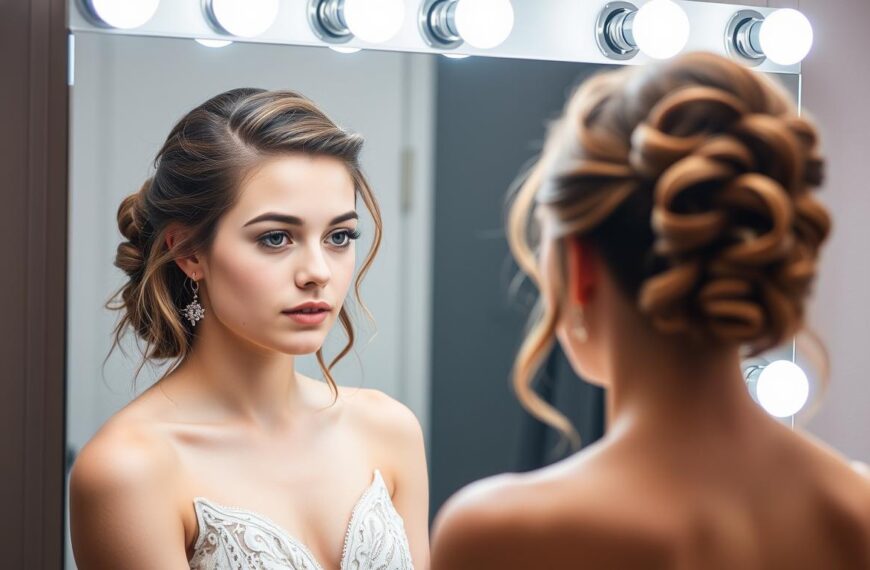 Dziewczyna analizująca kształt twarzy przed wyborem fryzury na komers